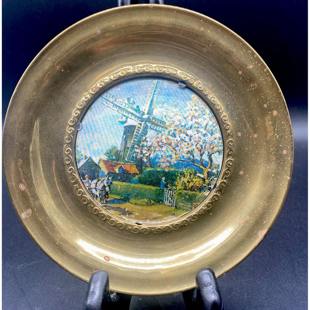 Vintage Brass Plate Foil Art Painted Landscape mid century wall art 6" diameter